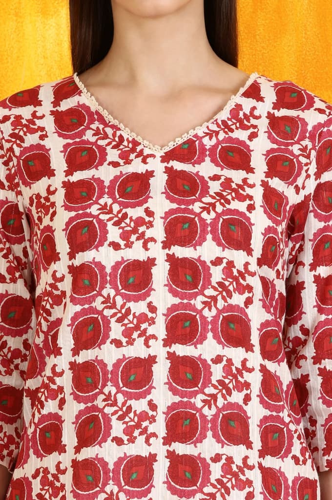 White and Red Printed Cotton Lurex Straight Tunic — photo 4