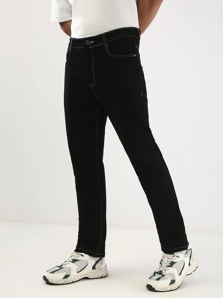 Men's Black Straight Fit Washed Jeans Stretchable — photo 2
