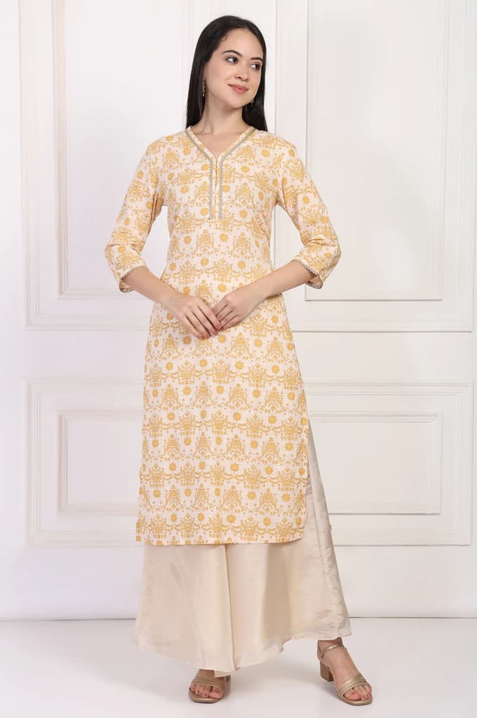 Cream Ethnic Damask Printed Lace Trim Straight Rayon Kurta — photo 2