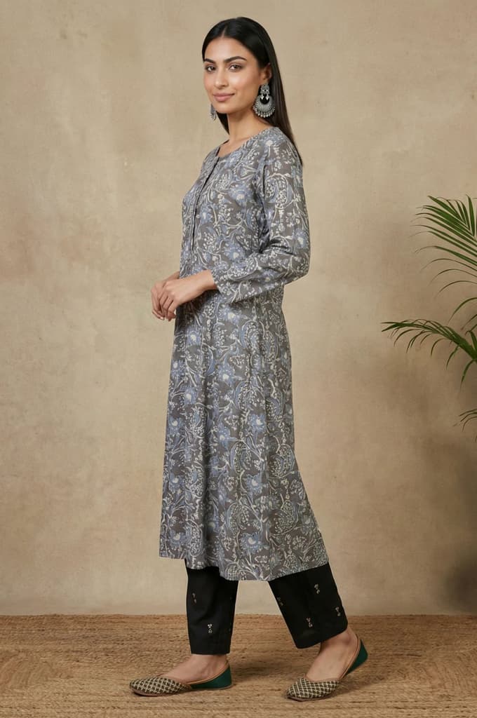 Grey Beadwork Block Printed Rayon Flared Kurta — photo 4