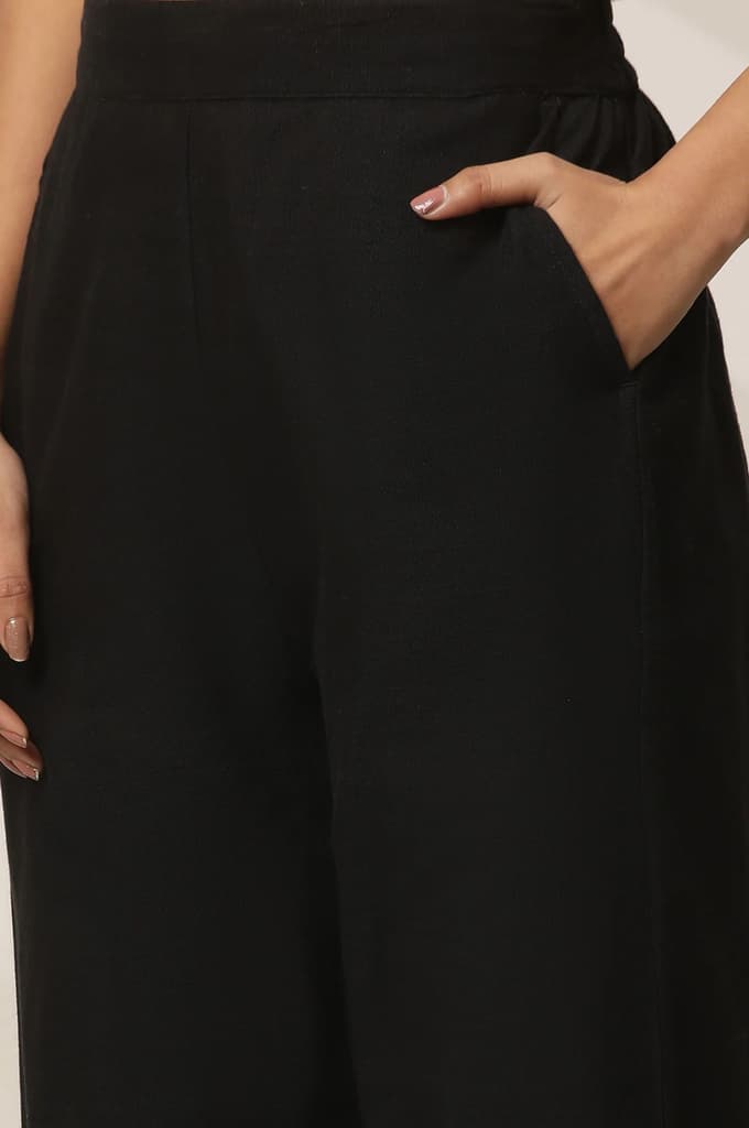 Black Embroidered Semi Flared Cotton Palazzo With Side Pockets — photo 7