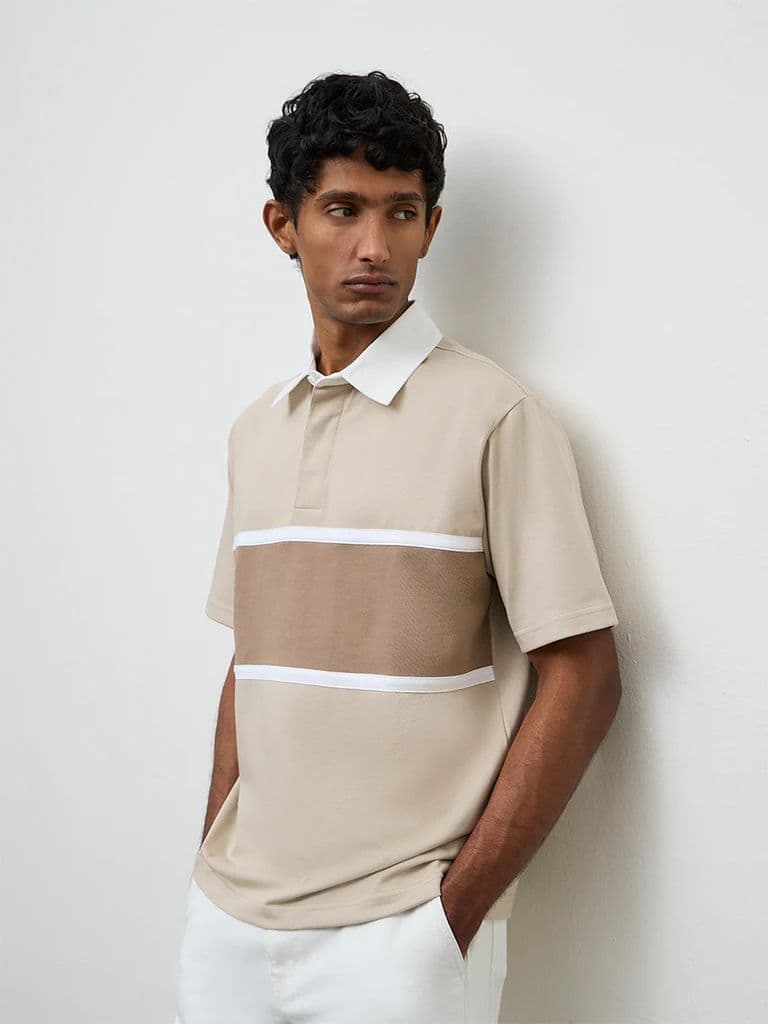 WES Casuals Beige Relaxed-Fit Cotton-Blend Polo T-Shirt — photo 3