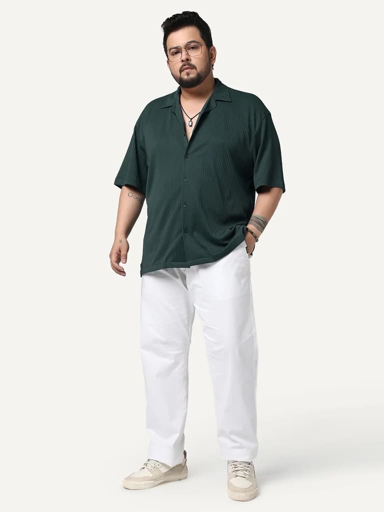 Plus Men's Dark Green Cotton Half Sleeve Oversized Fit Textured Shirt with Cuban Collar — photo 4