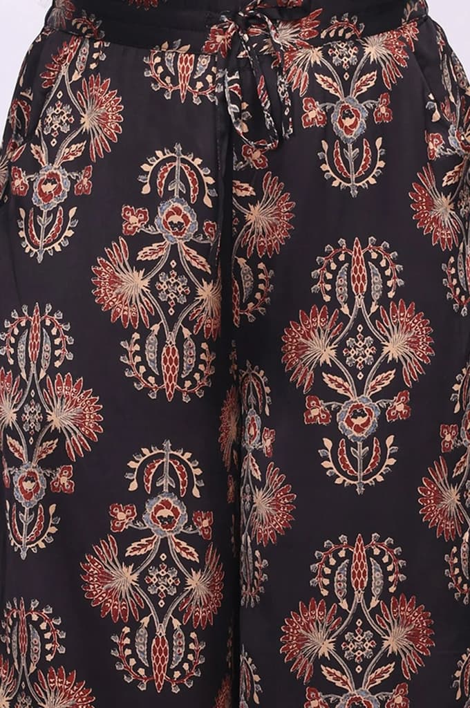 Black Floral Printed Satin Straight Kurta with Parallel Pant and Dupatta Set — photo 6