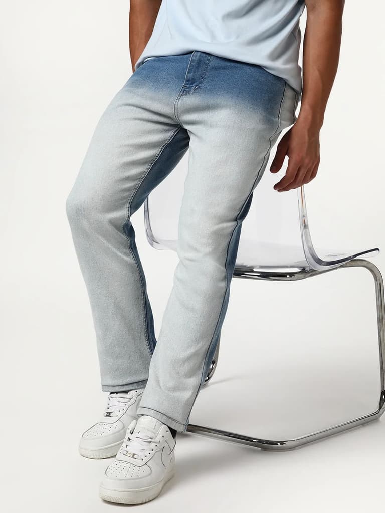 Men's Light Blue Straight Fit Heavy Washed Faded Denim Jeans Stretchable — photo 2