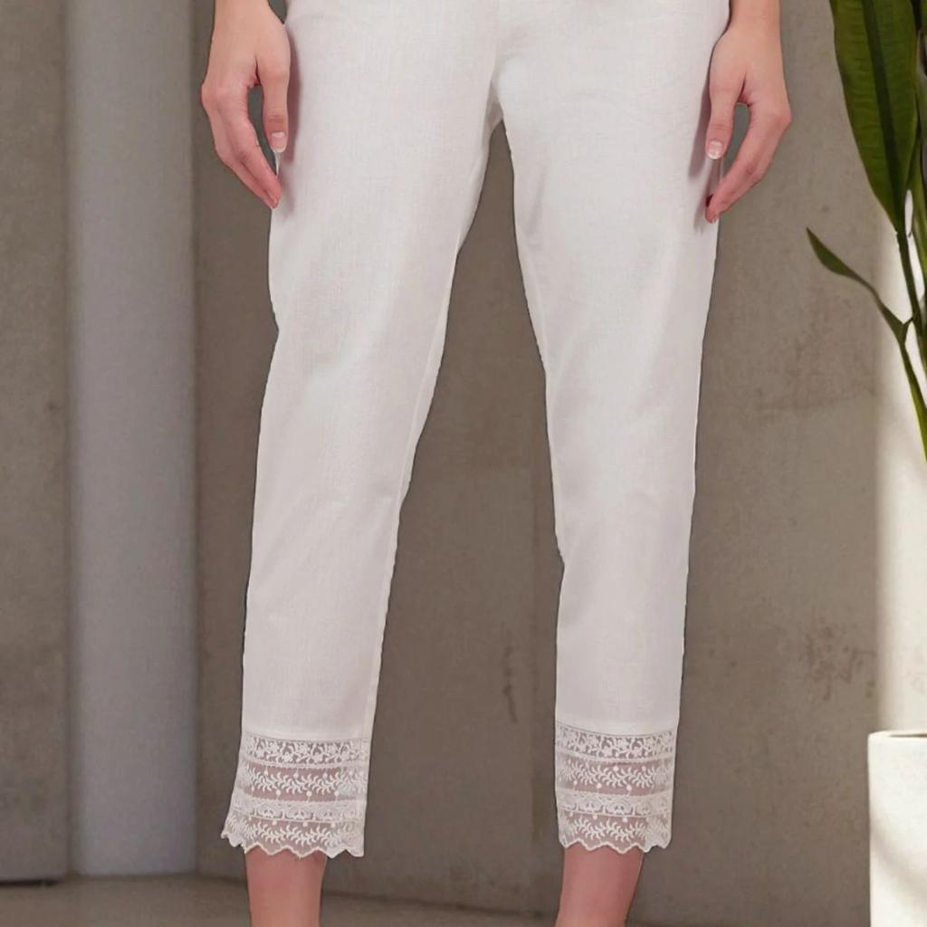 White Solid Cotton Flax Slim Pants with Lace