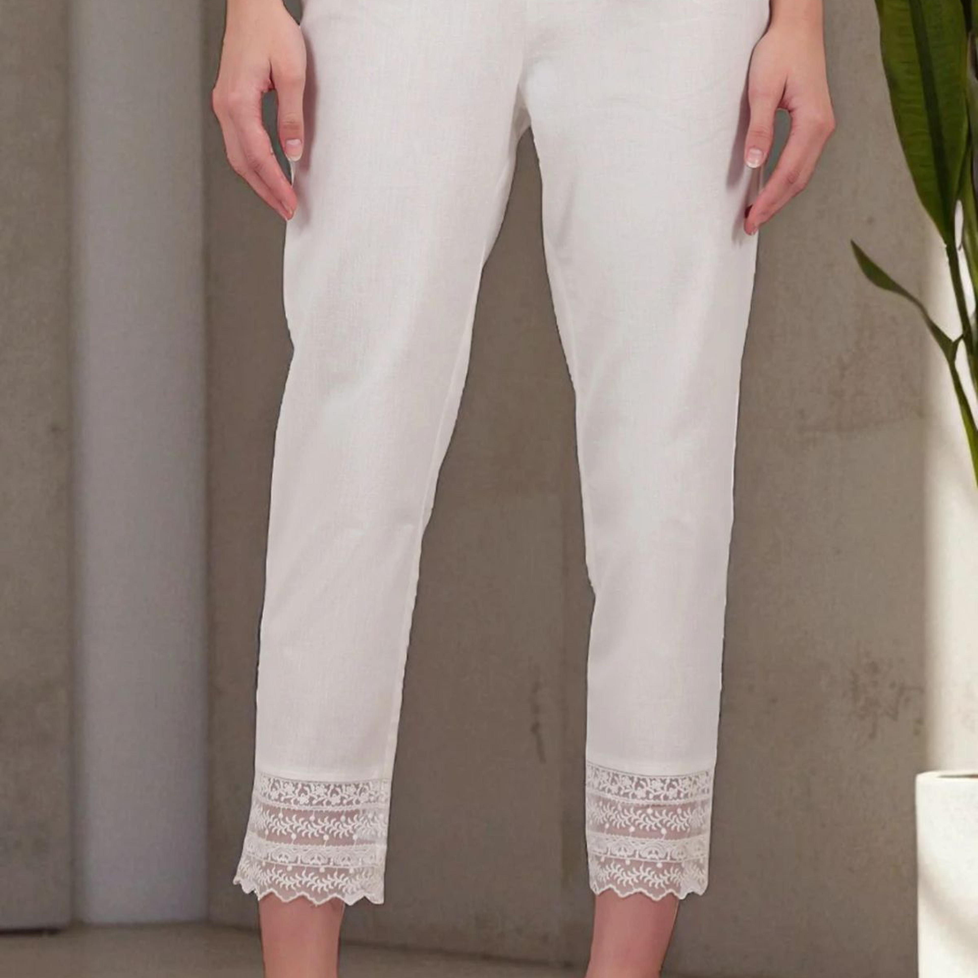 White Solid Cotton Flax Slim Pants with Lace