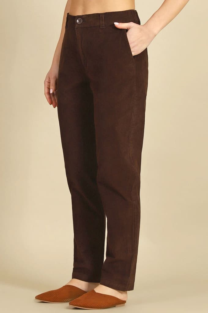 Brown Solid Straight Fit Cotton Pants with YKK Zipper — photo 4