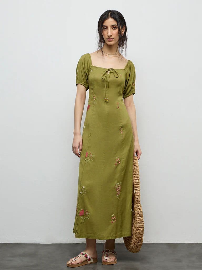Bombay Paisley Olive Embroidered Cotton-Blend A-Line Dress — photo 2