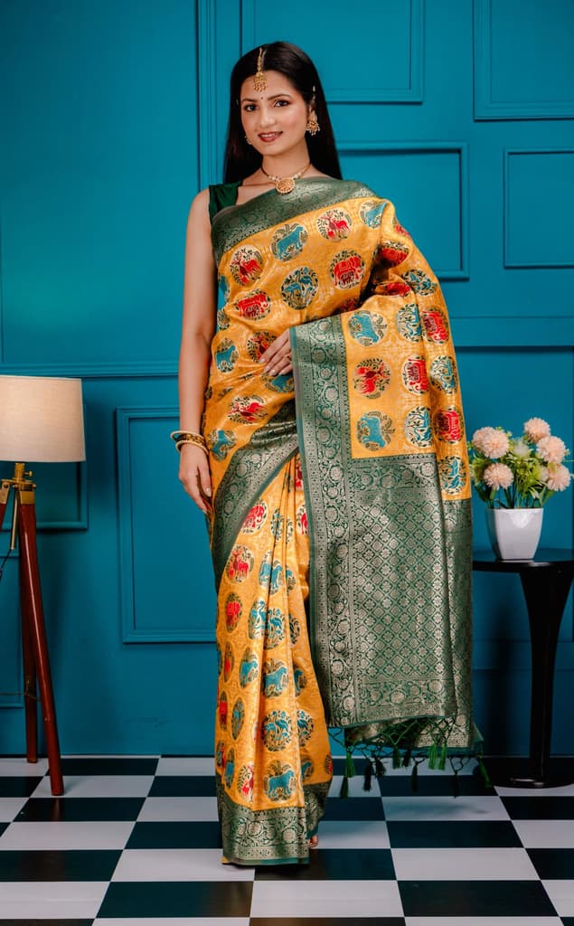 Mimosa Women's Woven Design Patola Style Art Silk Saree With Blouse Piece : SA00001656GDFREE — Gold