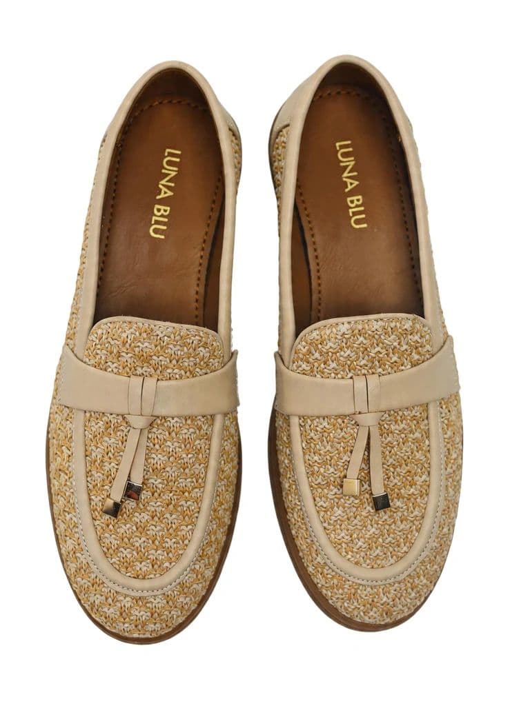 LUNA BLU Beige Natural Woven Rafia Penny Trim Loafers — photo 3