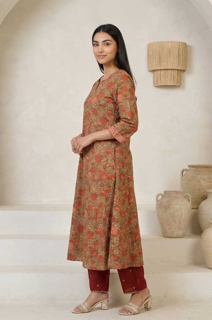 Olive Floral Printed Beadwork Pure Cotton Straight Kurta — photo 3