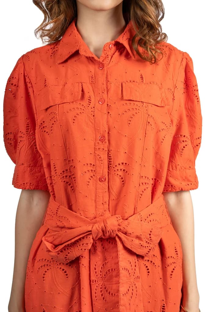 Red Solid Cotton Schiffli Puff Sleeve Midi Dress — photo 2
