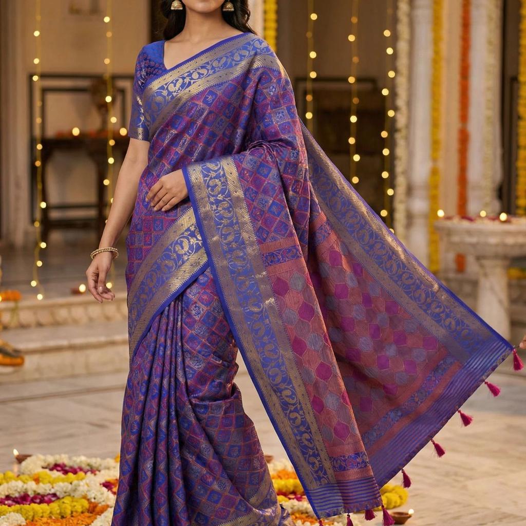 MIMOSA Women's Woven Design Patola Style Raw Silk Saree with Blouse Piece - Royal blue ( SA00003140RBFREE )