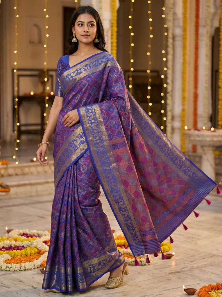 MIMOSA Women's Woven Design Patola Style Raw Silk Saree with Blouse Piece - Royal blue ( SA00003140RBFREE ) — Default Title