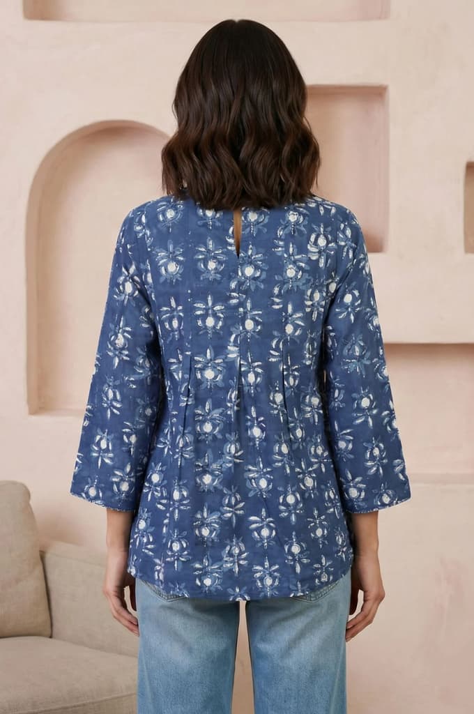 Blue Floral Block Printed Pure Cotton A-line Top — photo 5