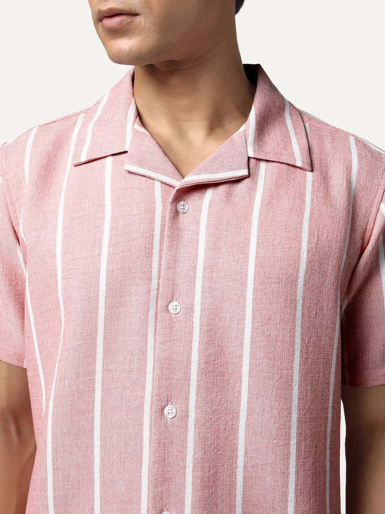 Men's Pink Cotton Half Sleeve Relaxed Fit Linen Striped Shirt with Cuban Collar — photo 6