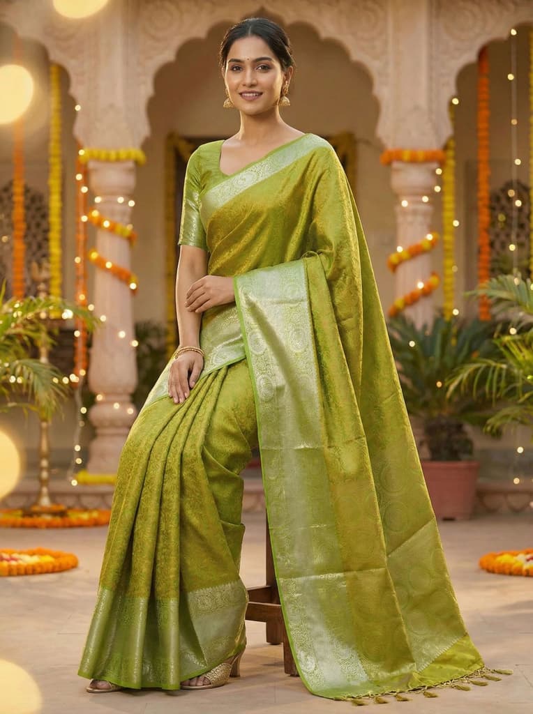 MIMOSA Women's Woven Design Banarasi Style Art Silk Saree with Blouse Piece - Olive ( SA00003133OLFREE ) — photo 4