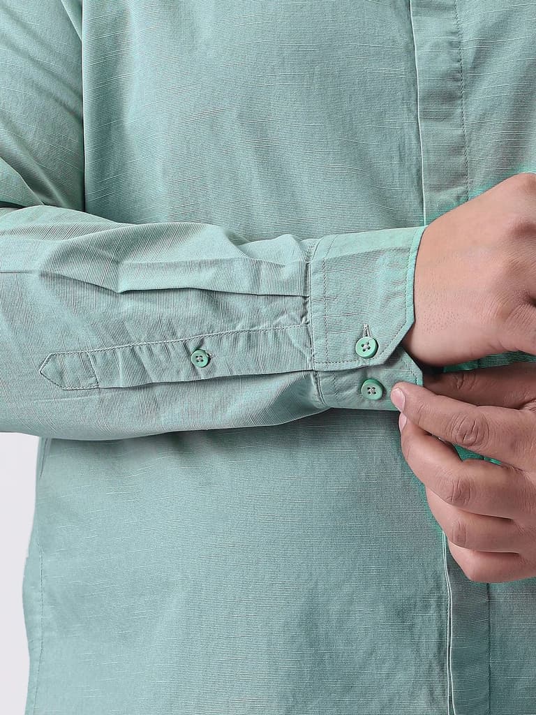 Plus Men's Mint Cotton Full Sleeve Regular Fit Casual Solid Shirt with Band Collar — photo 6