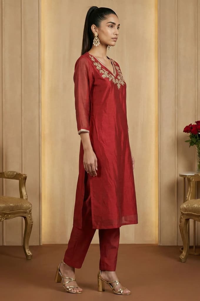 Maroon Yarn Dyed Zari Embroidered Straight Chanderi Kurta — photo 6