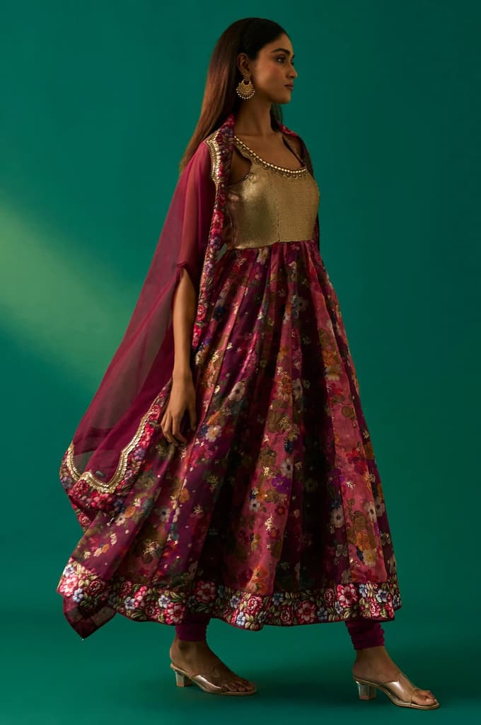 Maroon Floral Printed Embellished Anarkali Crepe Dress with Churidar and Cape Set — photo 5