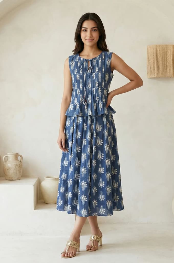 Blue Floral Printed Tassel Pure Cotton Top with Flared Skirt Set — XS