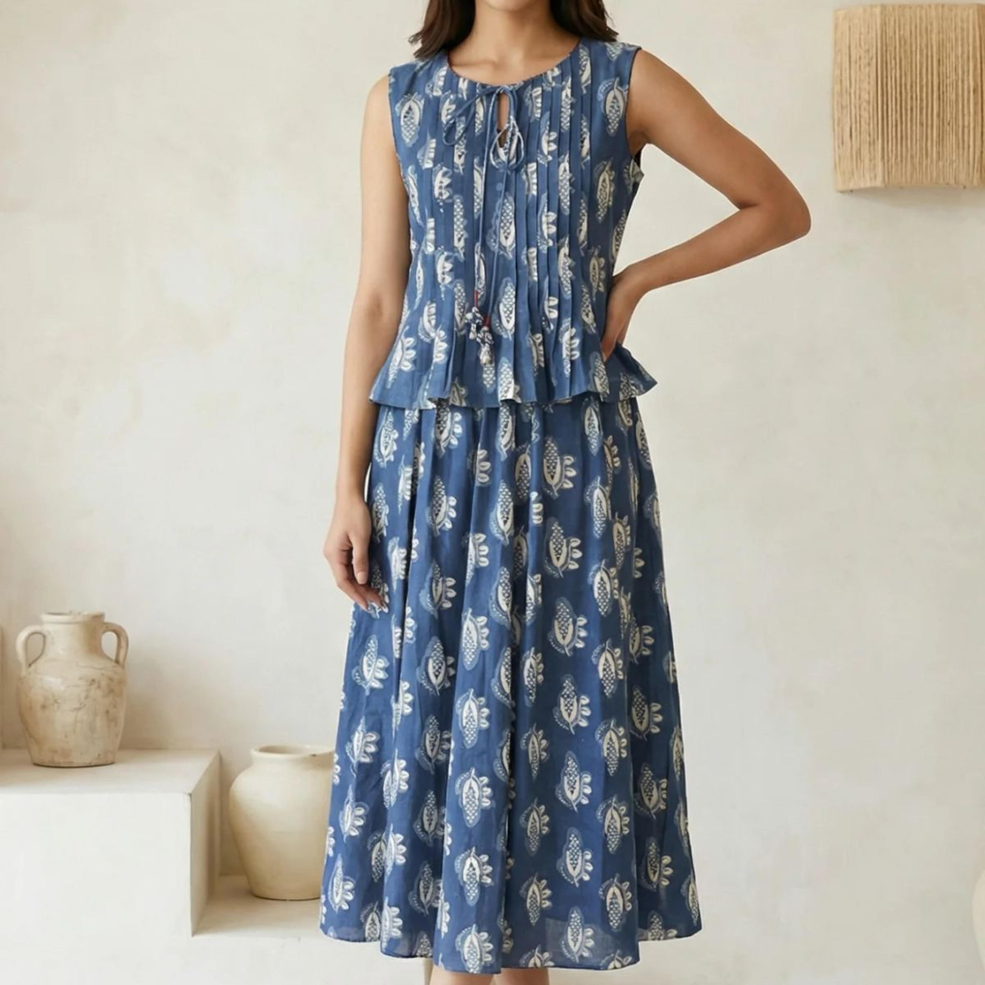 Blue Floral Printed Tassel Pure Cotton Top with Flared Skirt Set