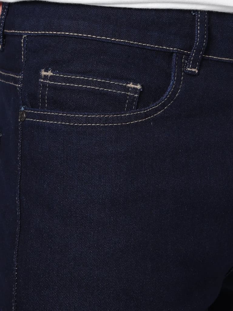 Men's Dark Blue Straight Fit Raw Washed Denim Jeans Stretchable — photo 6