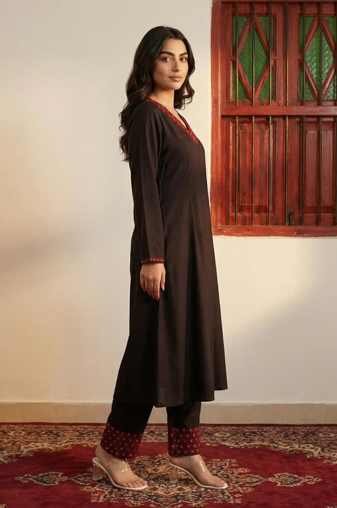Black Solid Embroidered Straight Winter Kurta with Pants and Dupatta Set — photo 5