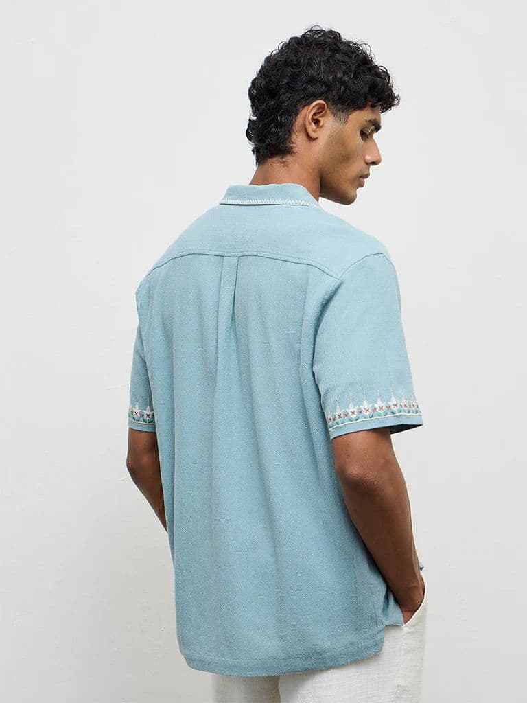 ETA Light Teal Embroidered Relaxed-Fit Cotton Shirt — photo 4