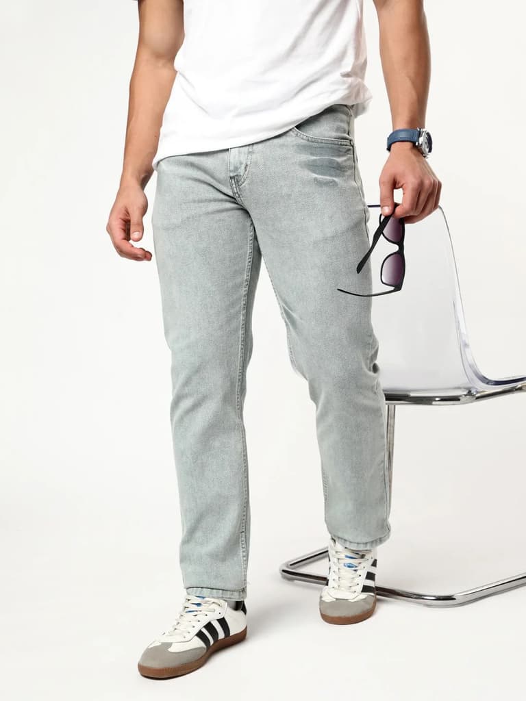 Men's Ice Grey Regular Fit Acid Washed Denim Jeans Stretchable — 28 / Ice Grey