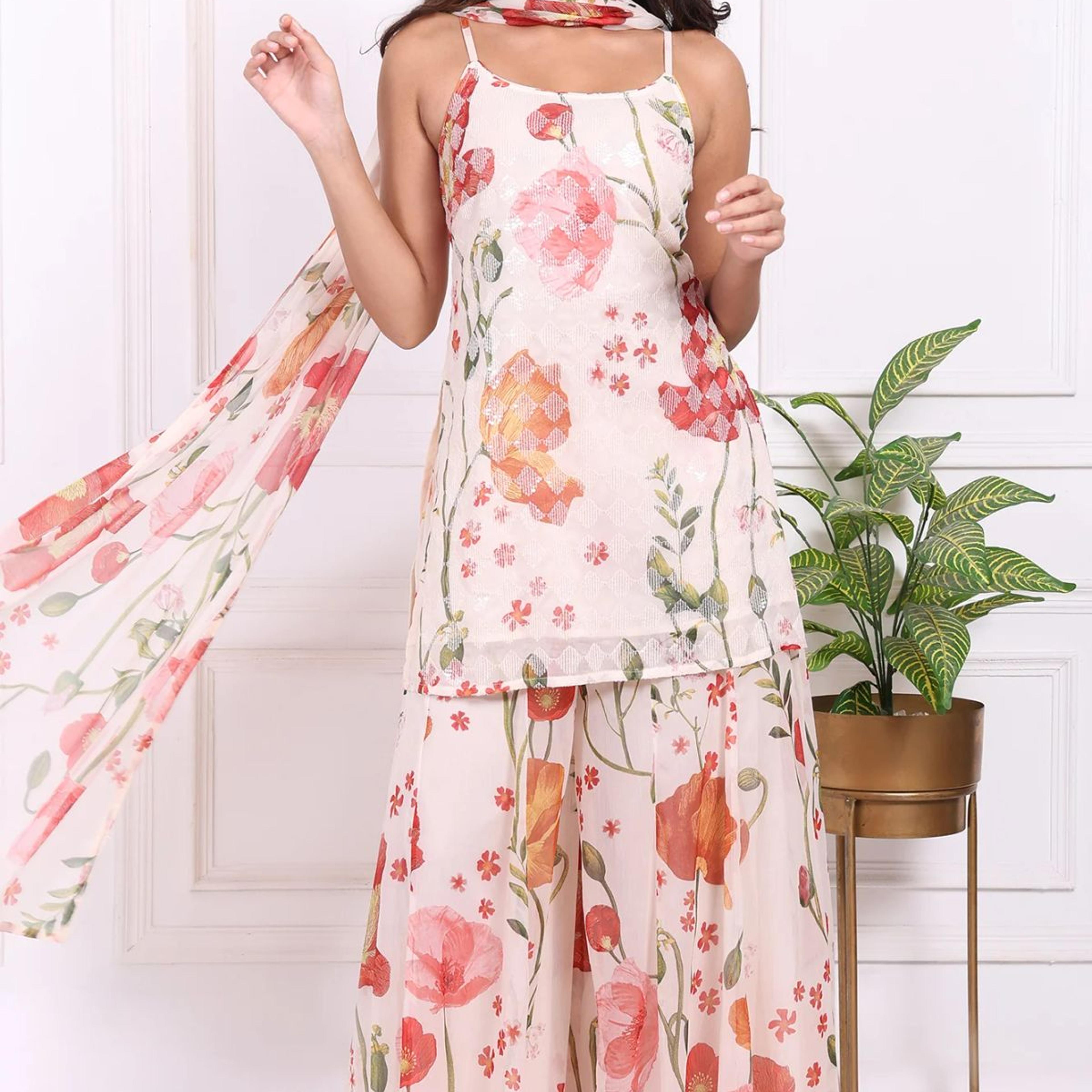 White Floral Printed A-Line Crepe Kurta with Culotte and Dupatta Set