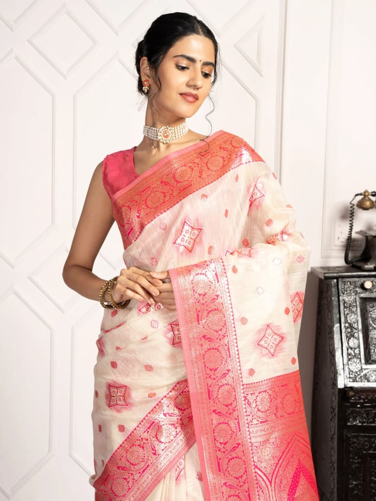 Mimosa Women's Woven Design Kanjivaram Style Art Silk Saree With Blouse Piece : SA00002068HWFREE — Halfwhite