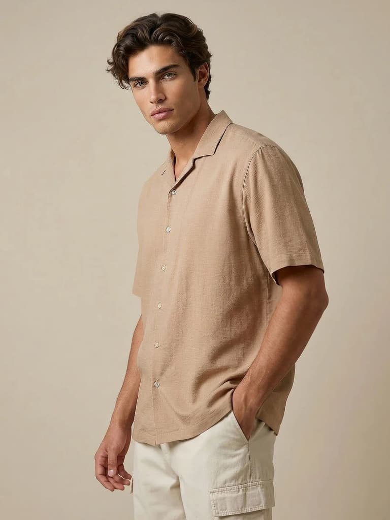 Men's Beige Cotton Half Sleeve Relaxed Fit Textured Shirt with Cuban Collar — photo 2