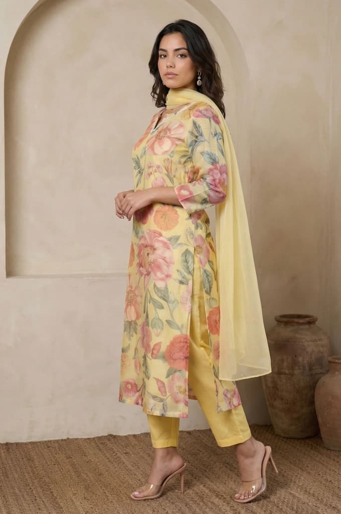 Yellow Floral Printed Beadwork Straight Kurta with Pants and Dupatta Set — photo 4