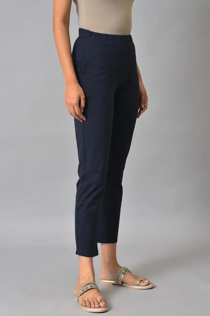 Navy Blue Solid Flared Cotton Pants With Elasticated Waist — photo 4