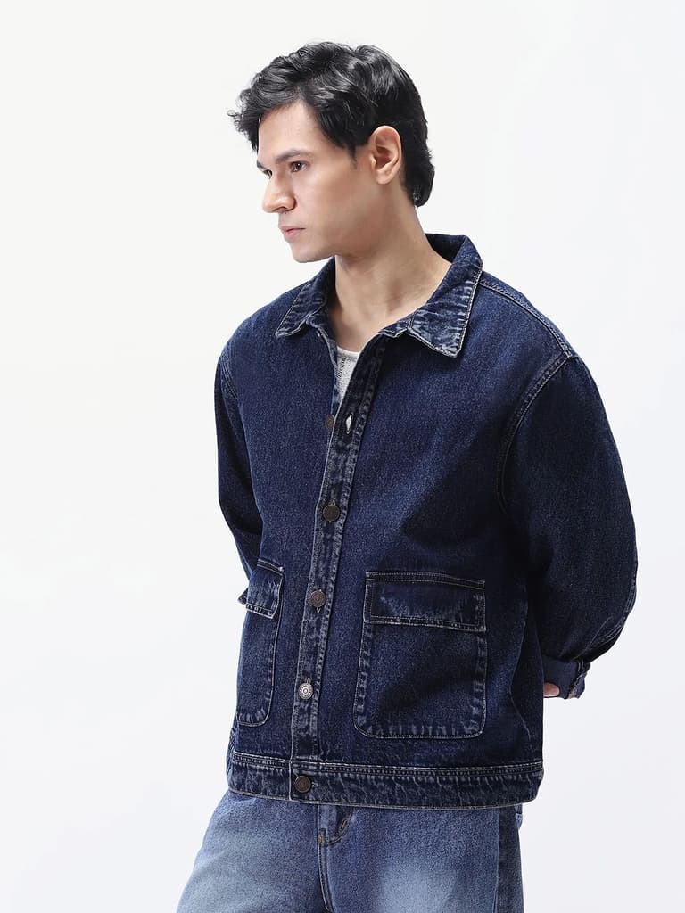 Men's Dark Blue Relaxed Fit Full Sleeve Utility Denim Jacket — photo 3