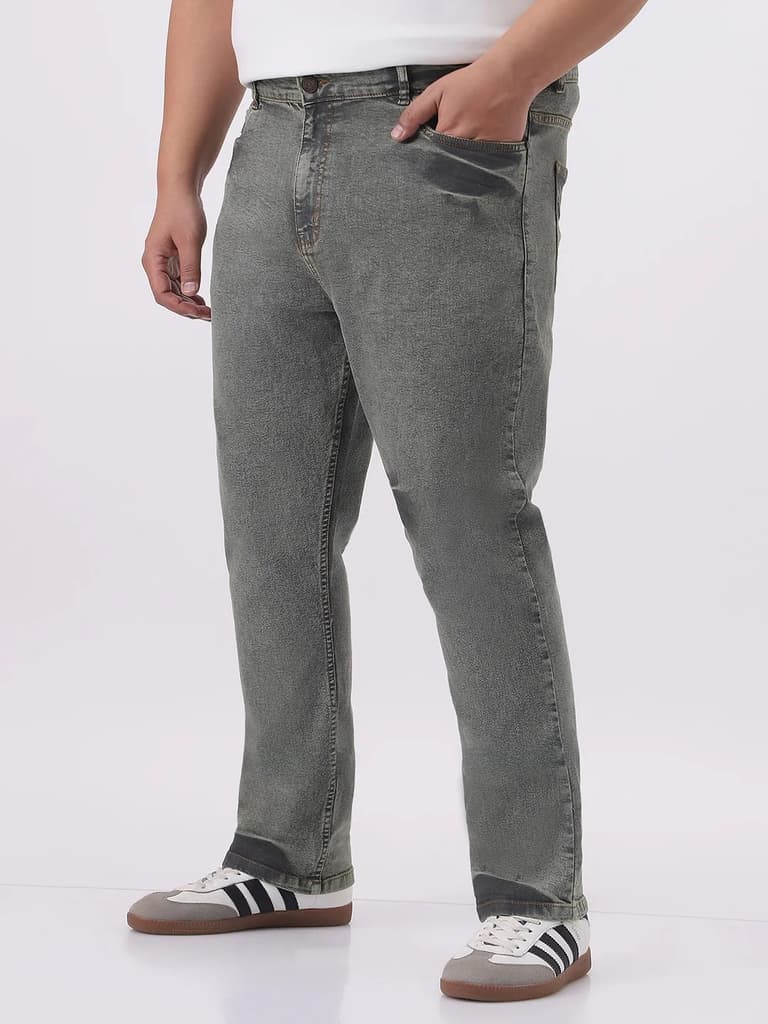 Plus Men's Light Grey Straight Fit Heavy Washed Jeans Stretchable — photo 2