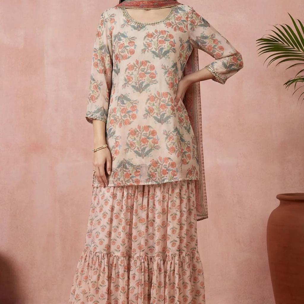 Beige Floral Printed Lace Straight Kurta with Sharara and Dupatta Set