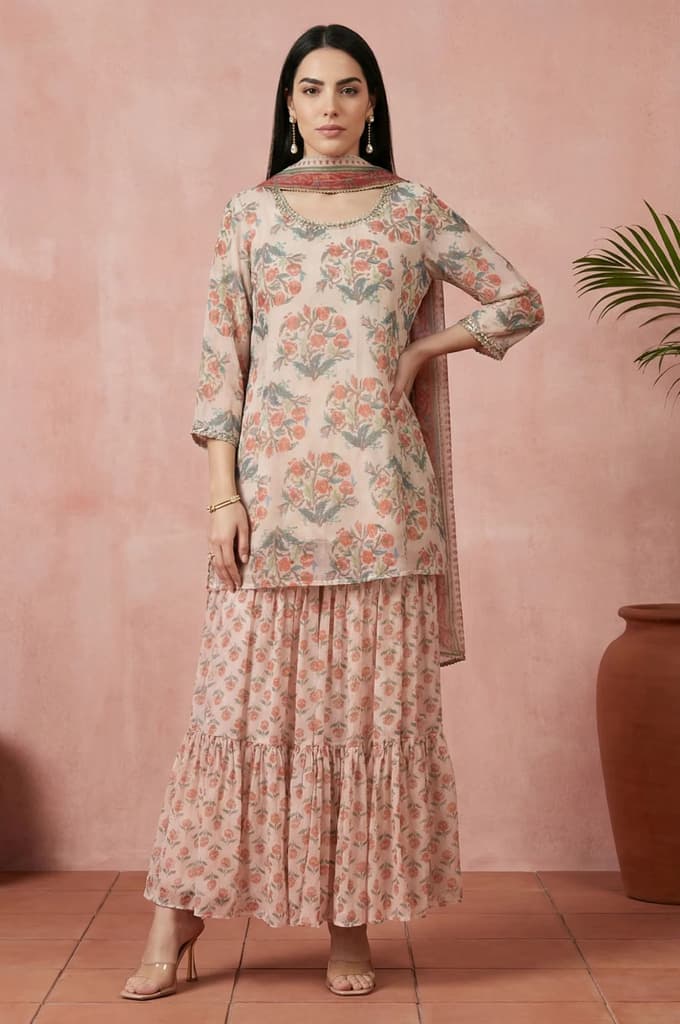 Beige Floral Printed Lace Straight Kurta with Sharara and Dupatta Set — XS