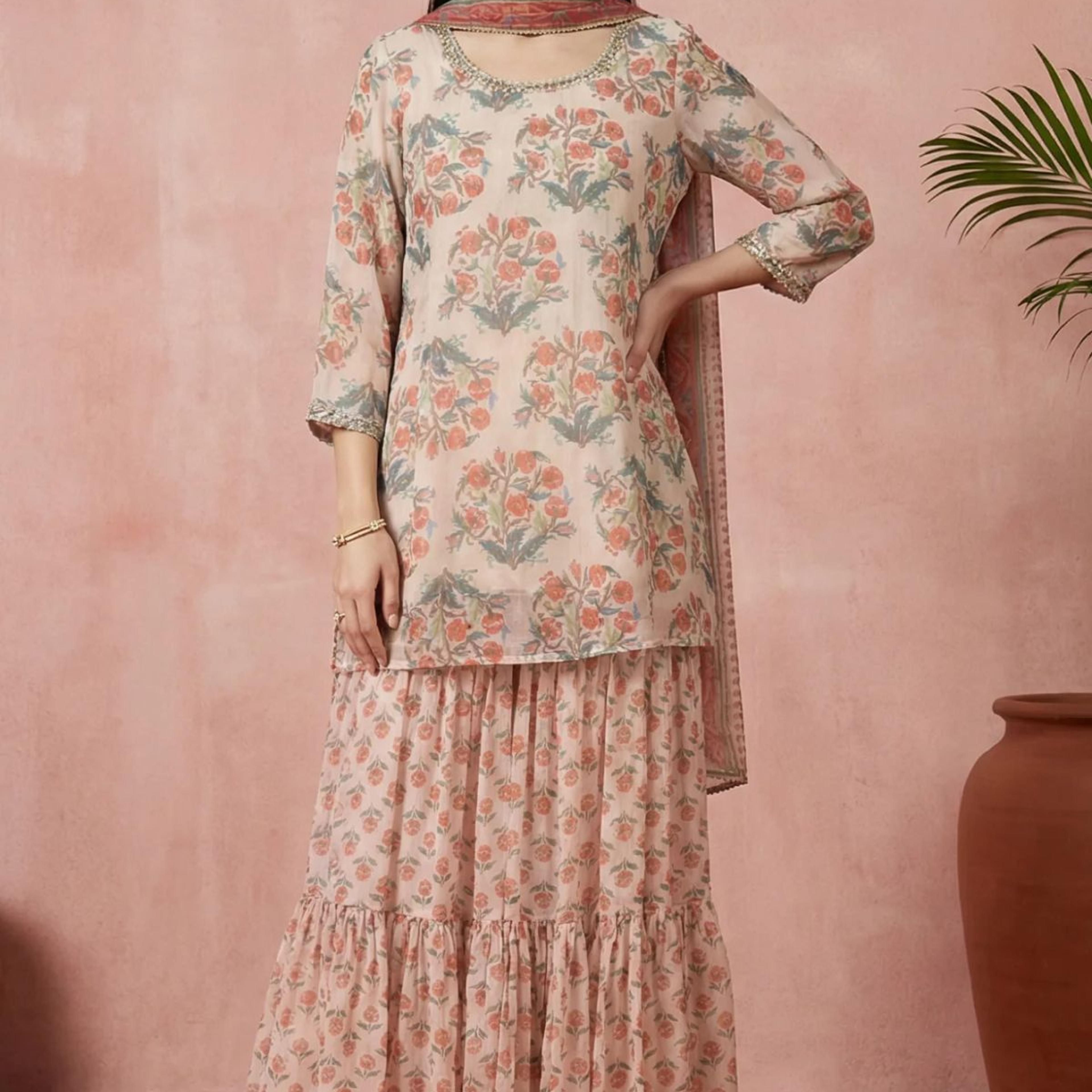 Beige Floral Printed Lace Straight Kurta with Sharara and Dupatta Set