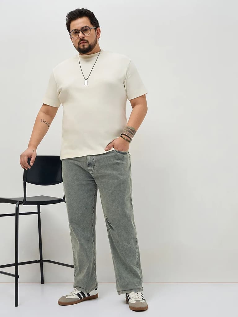 Plus Men's Light Grey Regular Fit Acid Washed Denim Jeans Stretchable — photo 4