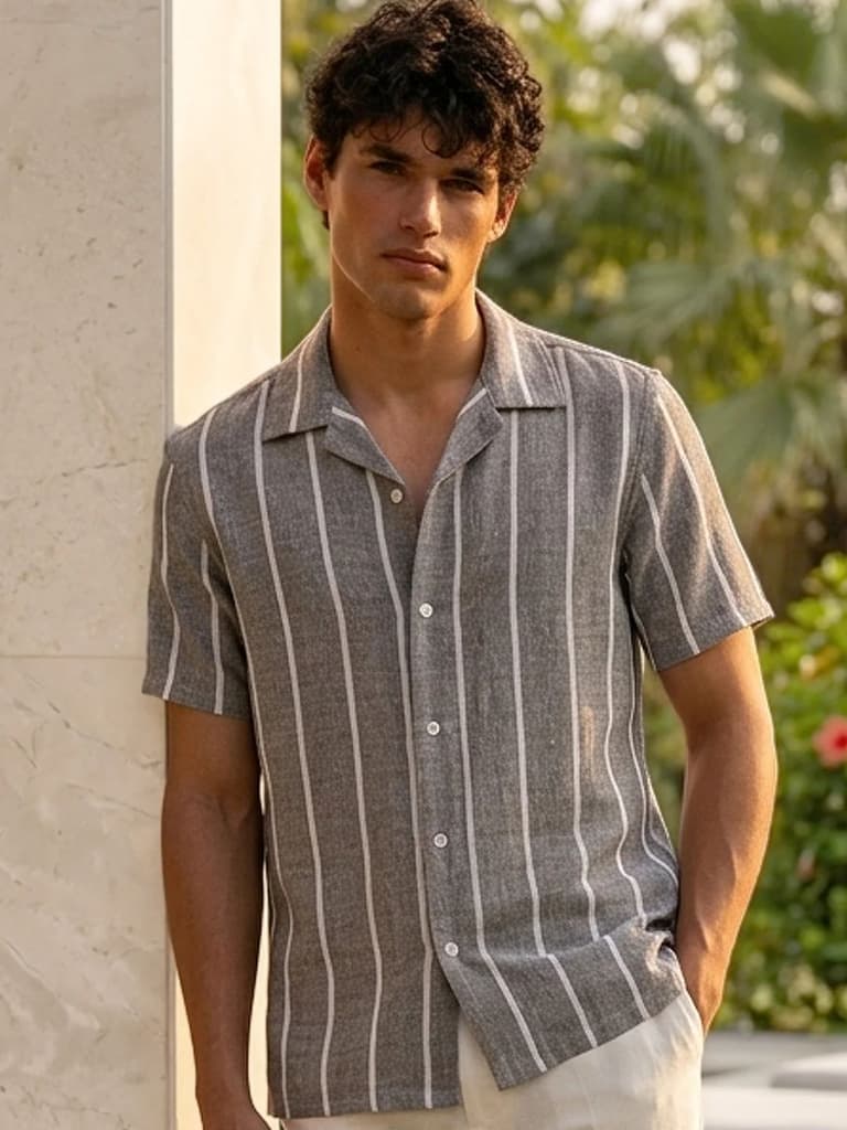 Men's Grey Cotton Half Sleeve Relaxed Fit Linen Striped Shirt with Cuban Collar — S / Grey