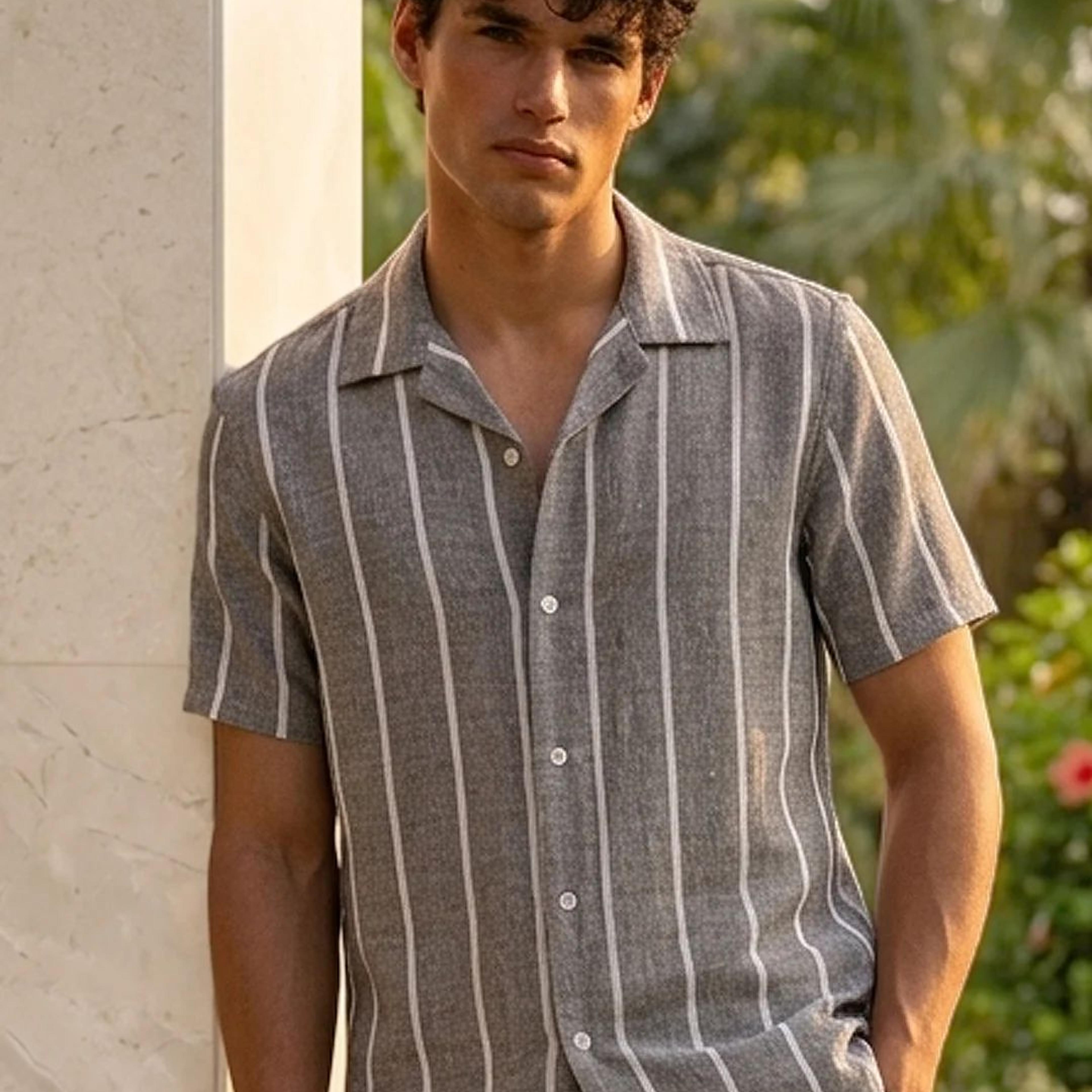 Men's Grey Cotton Half Sleeve Relaxed Fit Linen Striped Shirt with Cuban Collar