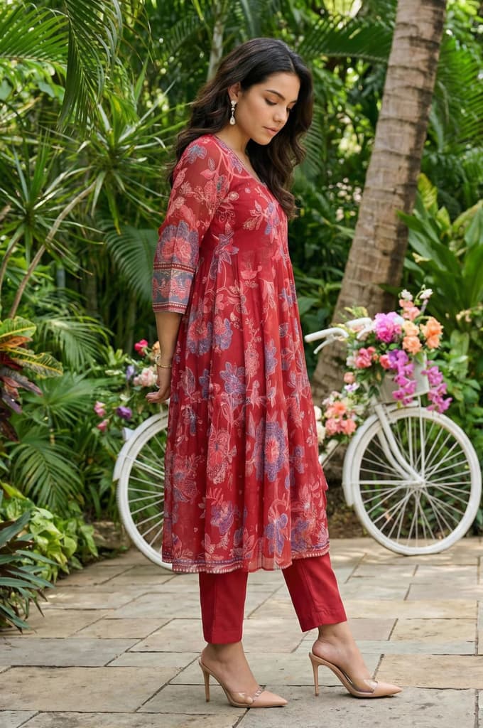 Red Floral Printed Chiffon Flared Kurta with Straight Pants and Dupatta Set — photo 6