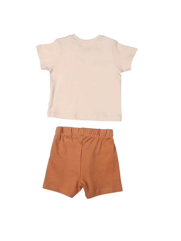 HOP Baby Boys Beige Printed Cotton T-Shirt and Shorts Set — photo 3