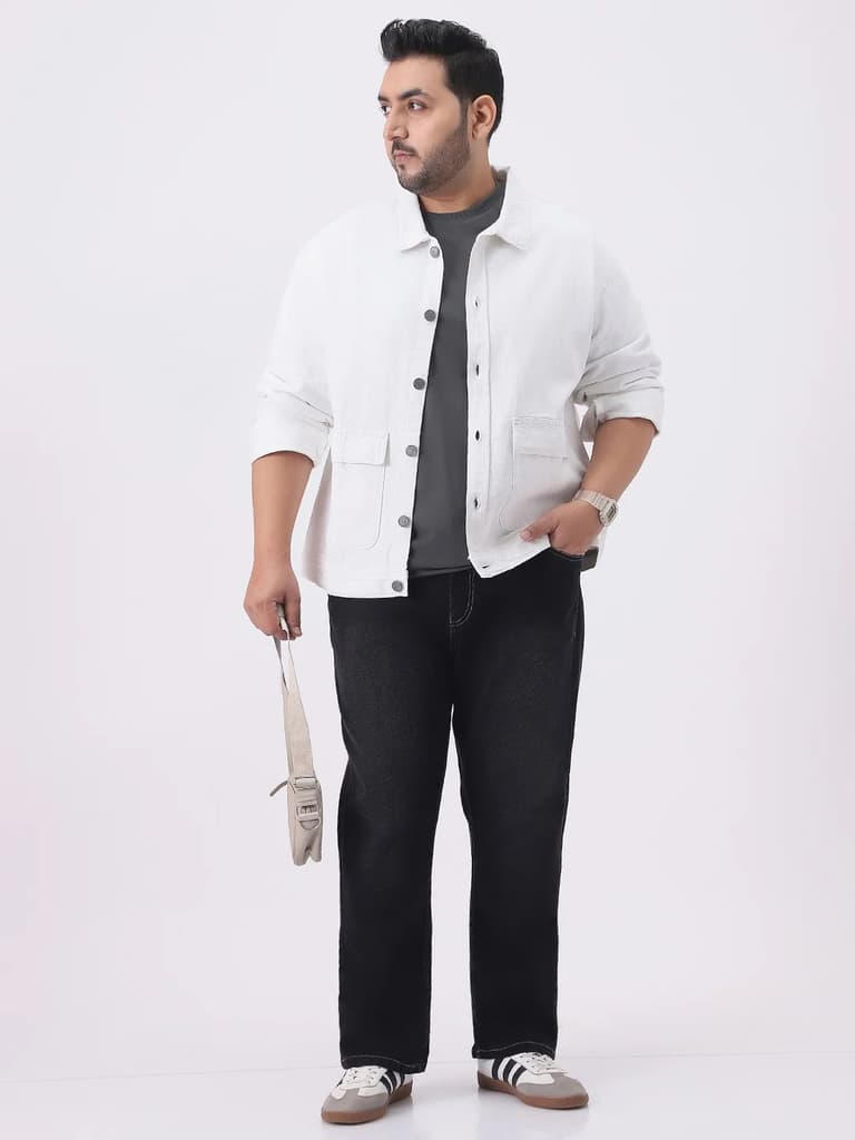 Plus Men's White Relaxed Fit Full Sleeve Utility Denim Jacket — photo 5