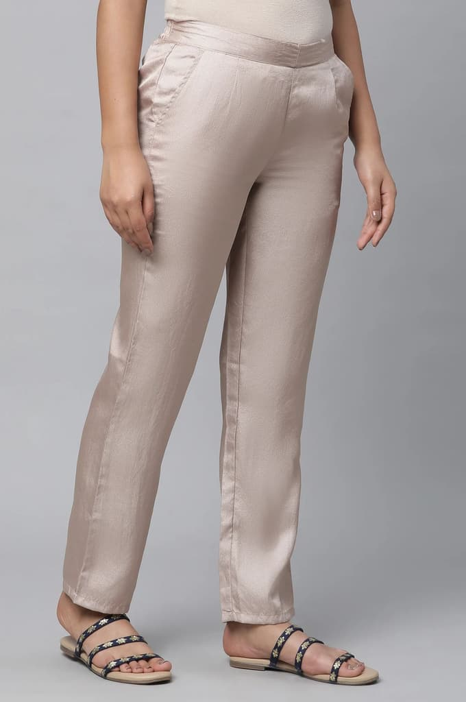 Gold Solid Straight Fit Satin Pants With Elasticated Waist — photo 4