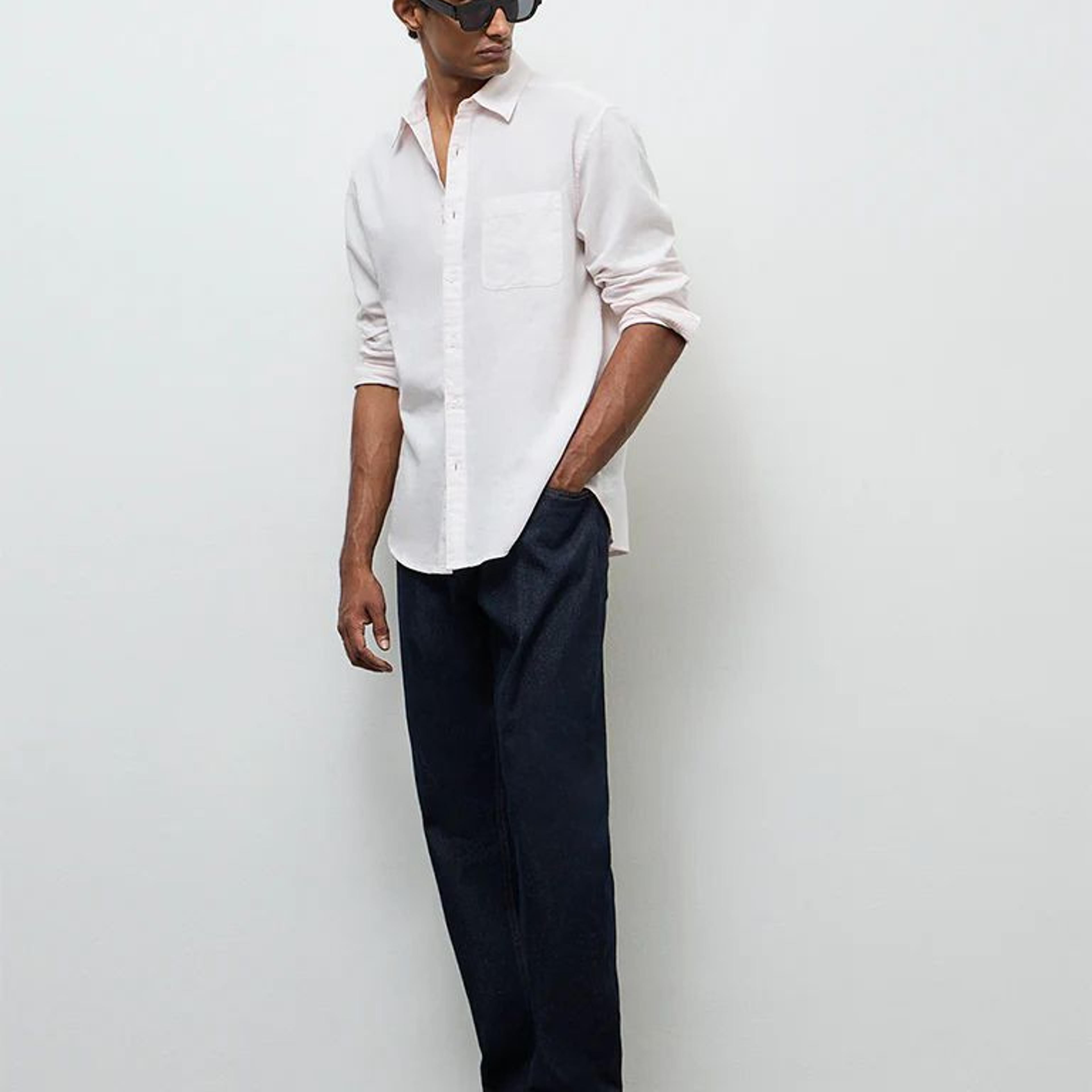 WES Casuals Light Pink Relaxed-Fit Cotton-Blend Shirt