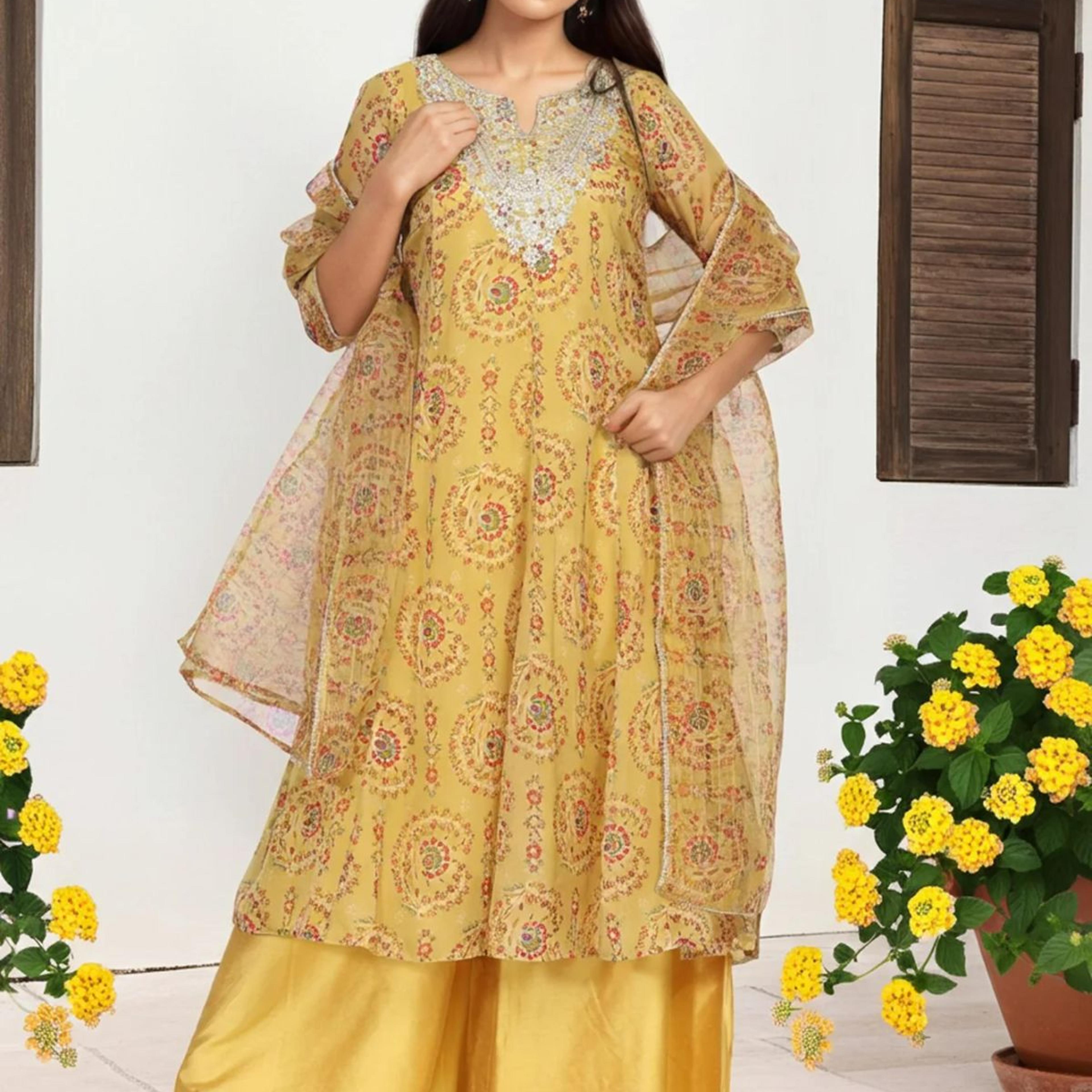 Yellow Embroidered Anarkali Organza Kurta with Flared Pant and Dupatta Set
